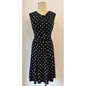Lauren Ralph Lauren Polka Dot Dress Size 14 Black White Fit Flare Midi Sleeveles